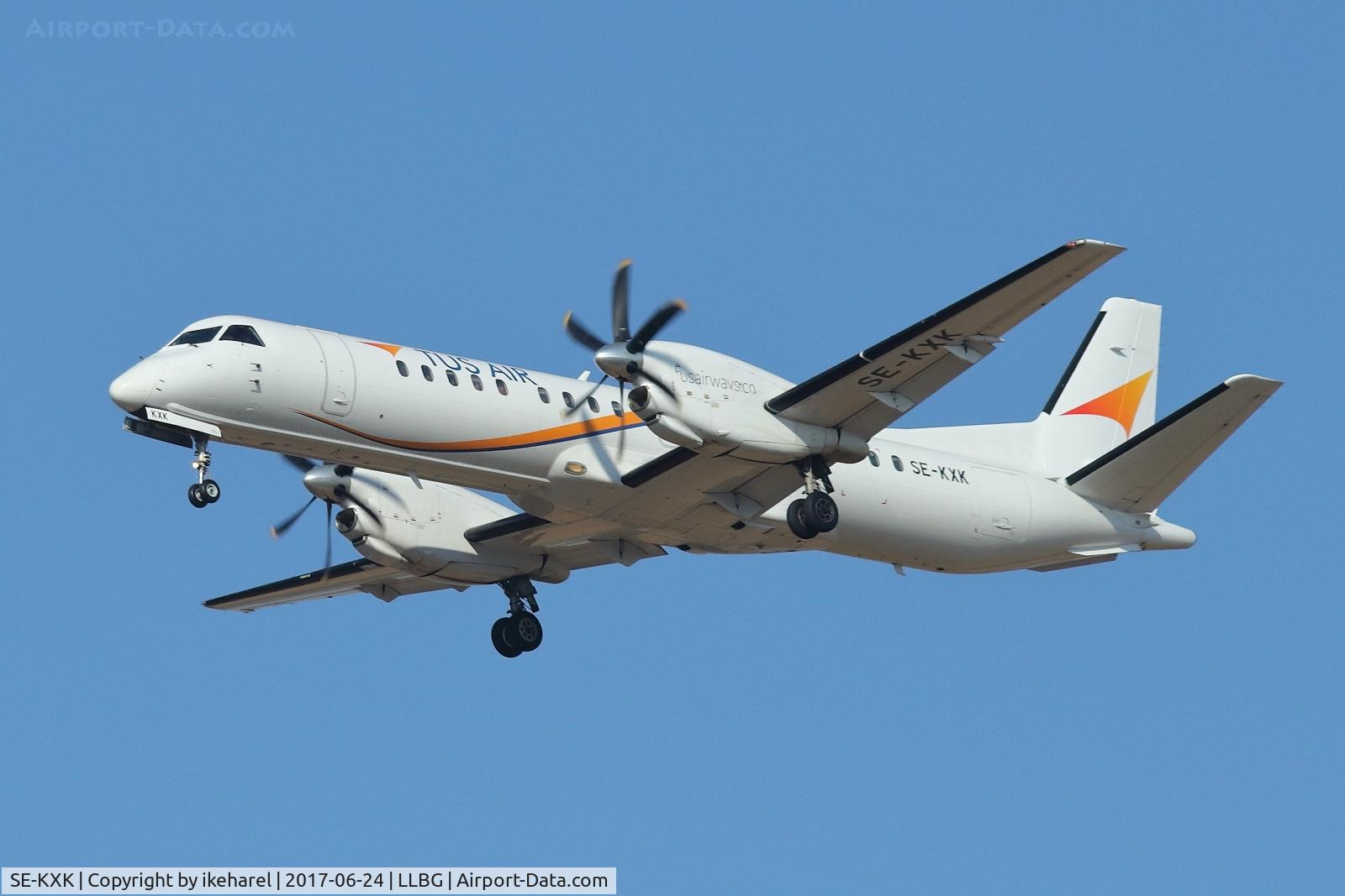 SE-KXK, 1995 Saab 2000 C/N 2000-012, Flight duration of 0h39m from Larnaca, Cyprus, upon landing on runway 12.