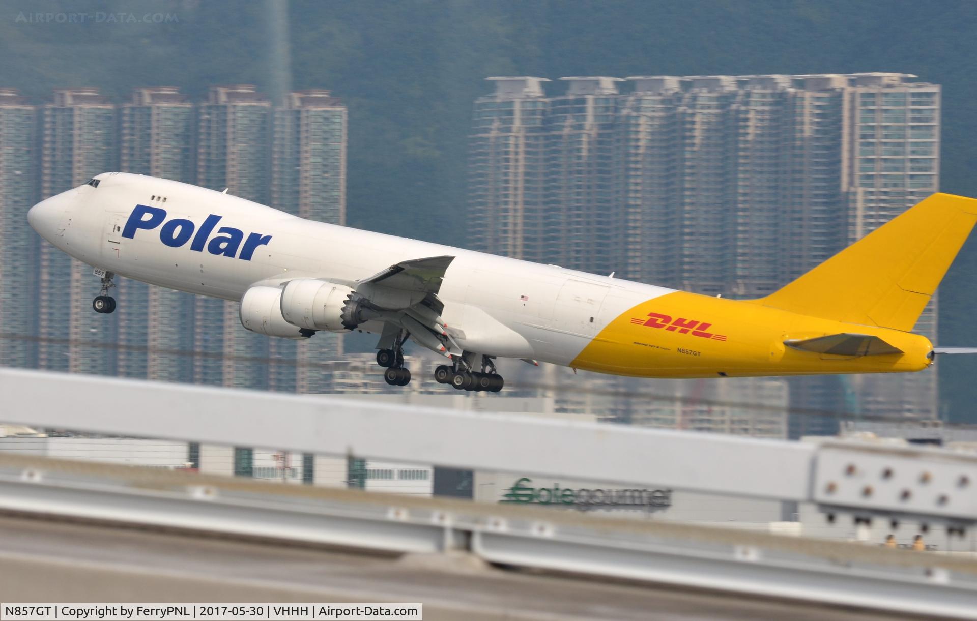 N857GT, 2011 Boeing 747-87UF C/N 37568, Polar/DHL B748F lifting-off.