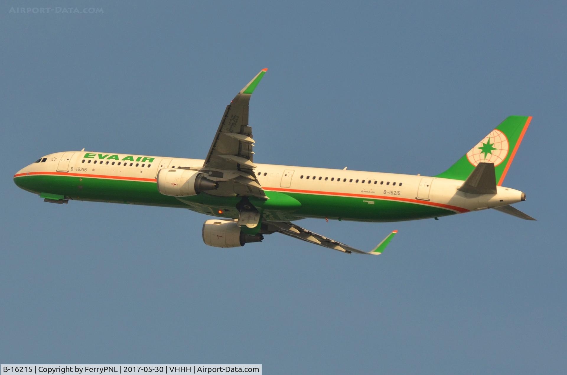 B-16215, 2015 Airbus A321-211 C/N 6488, EVA A321 banking a little bit on departure in HKG.