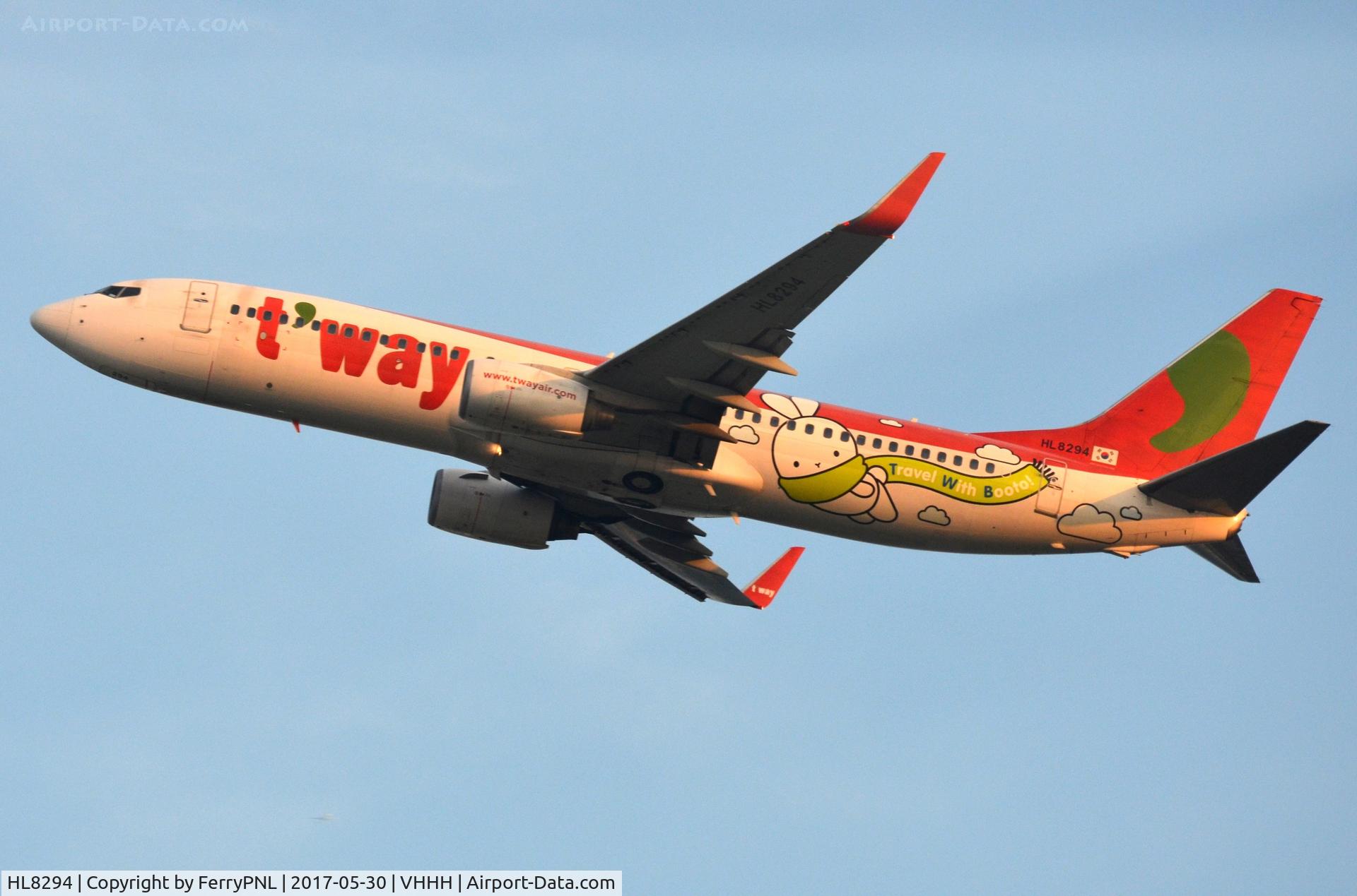 HL8294, 2004 Boeing 737-8Q8 C/N 32798, T'Way Air B738 departing HKG.