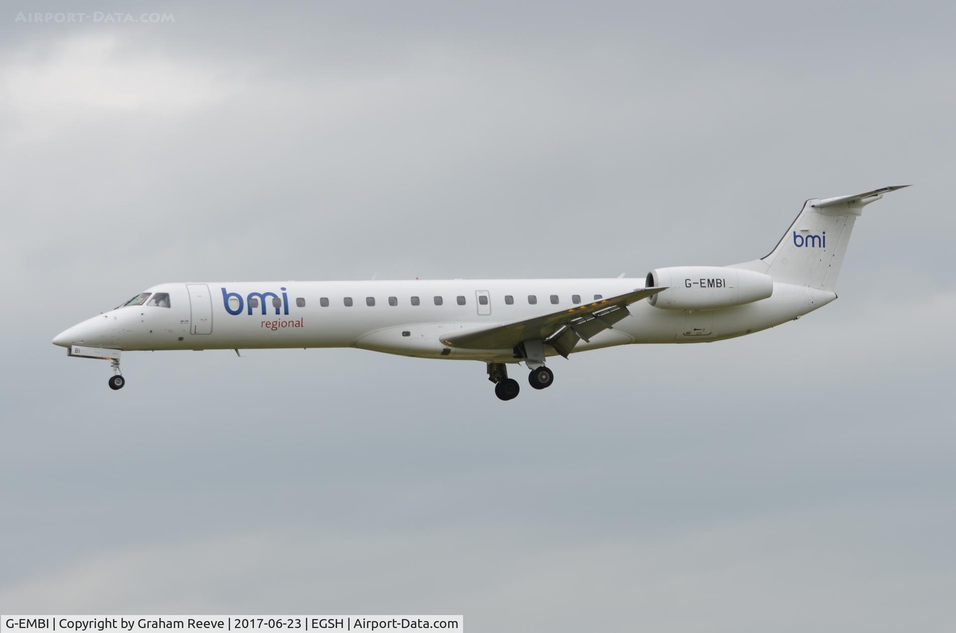 G-EMBI, 1999 Embraer EMB-145EU (ERJ-145EU) C/N 145126, Landing at Norwich.