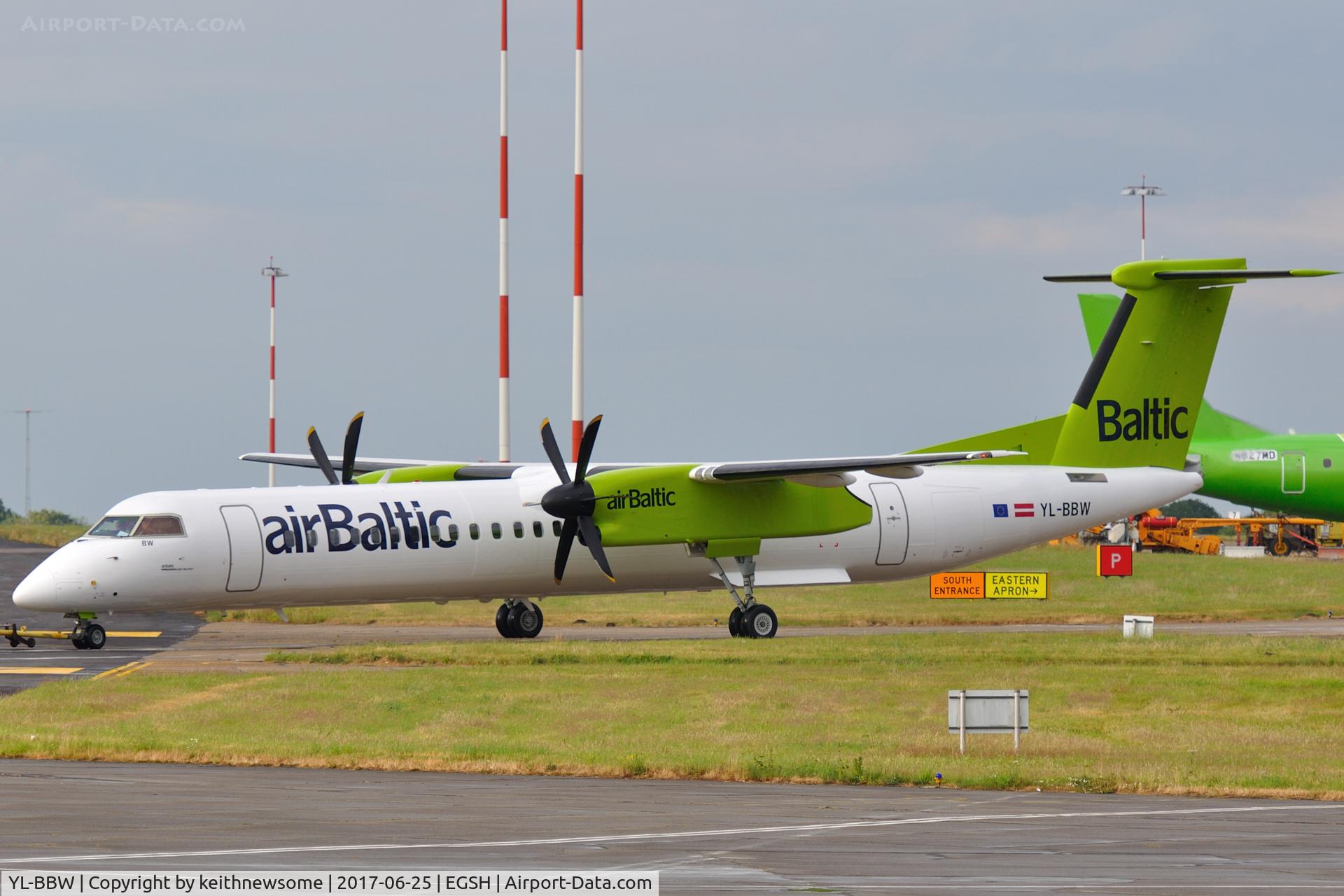 YL-BBW, 2013 De Havilland Canada DHC-8-402Q Dash 8 C/N 4448, Leaving Norwich with revised colour scheme.