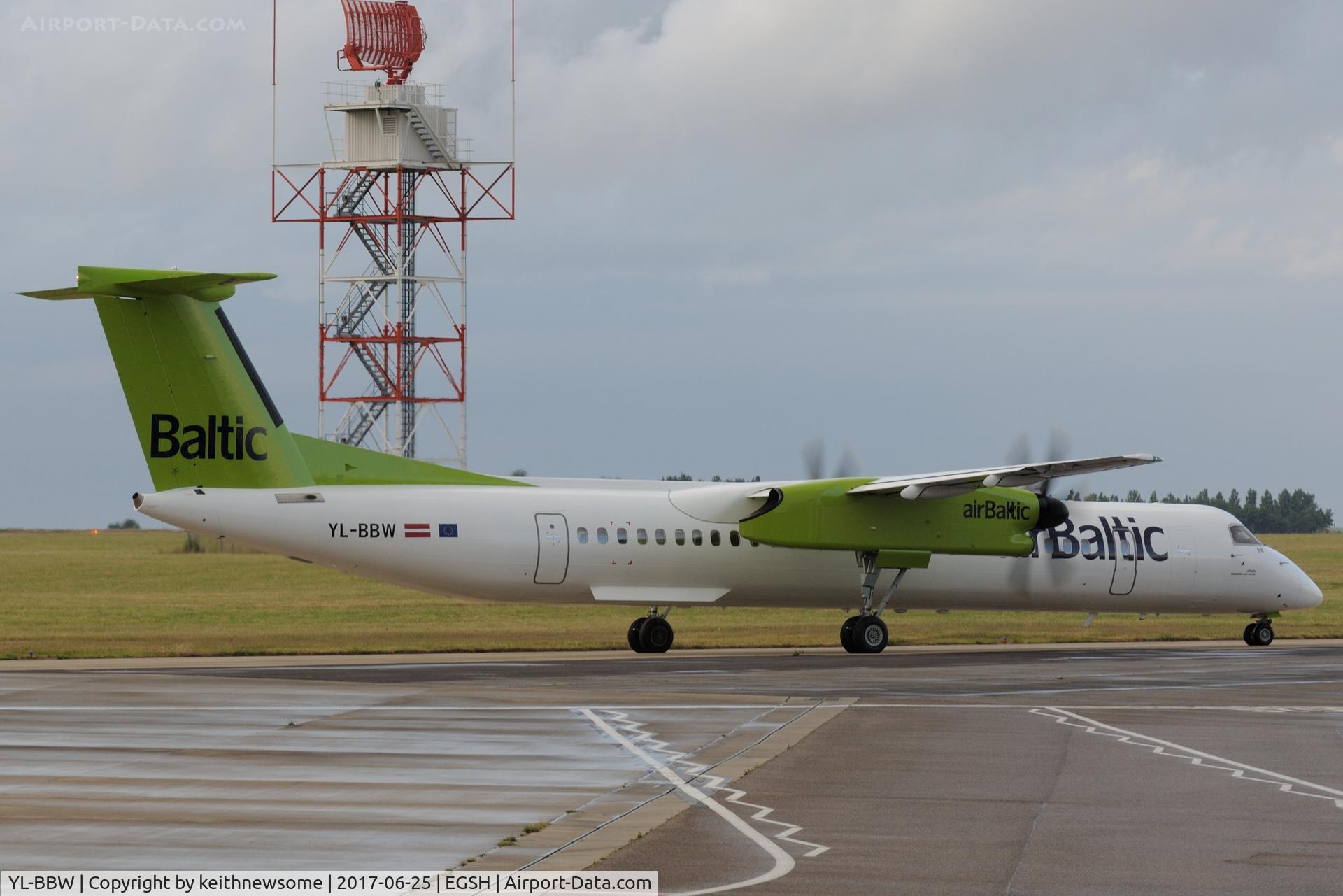 YL-BBW, 2013 De Havilland Canada DHC-8-402Q Dash 8 C/N 4448, Leaving Norwich with revised colour scheme.