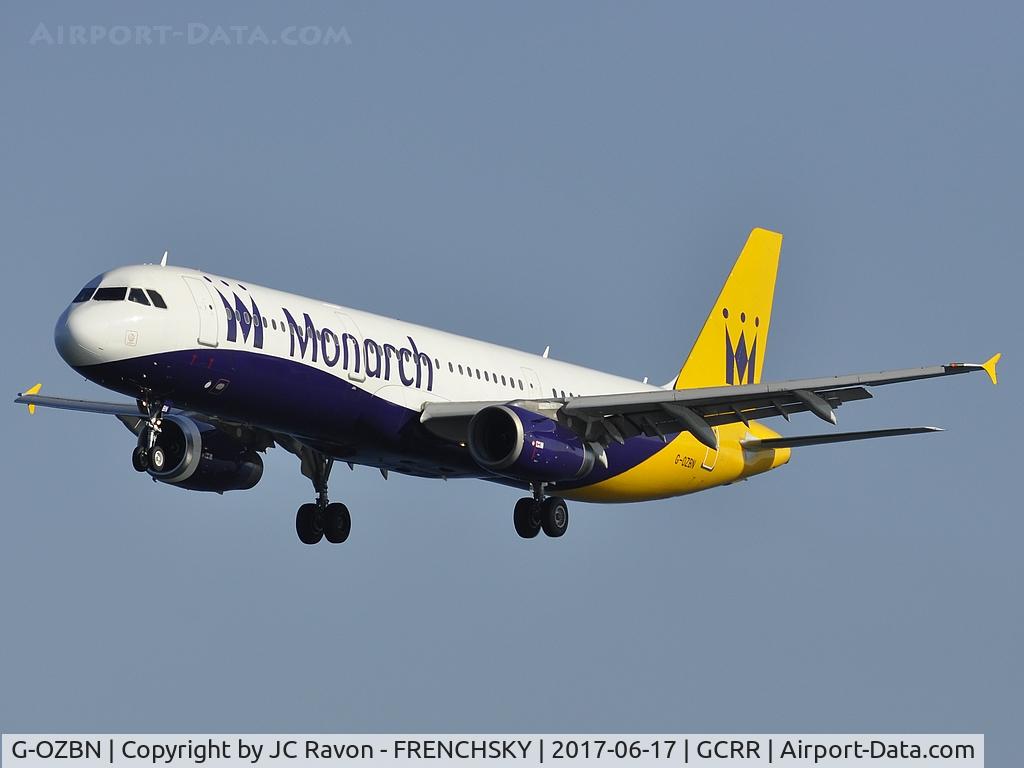 G-OZBN, 1999 Airbus A321-231 C/N 1153, ZB457 Monarch Airlines landing from Birmingham (BHX)