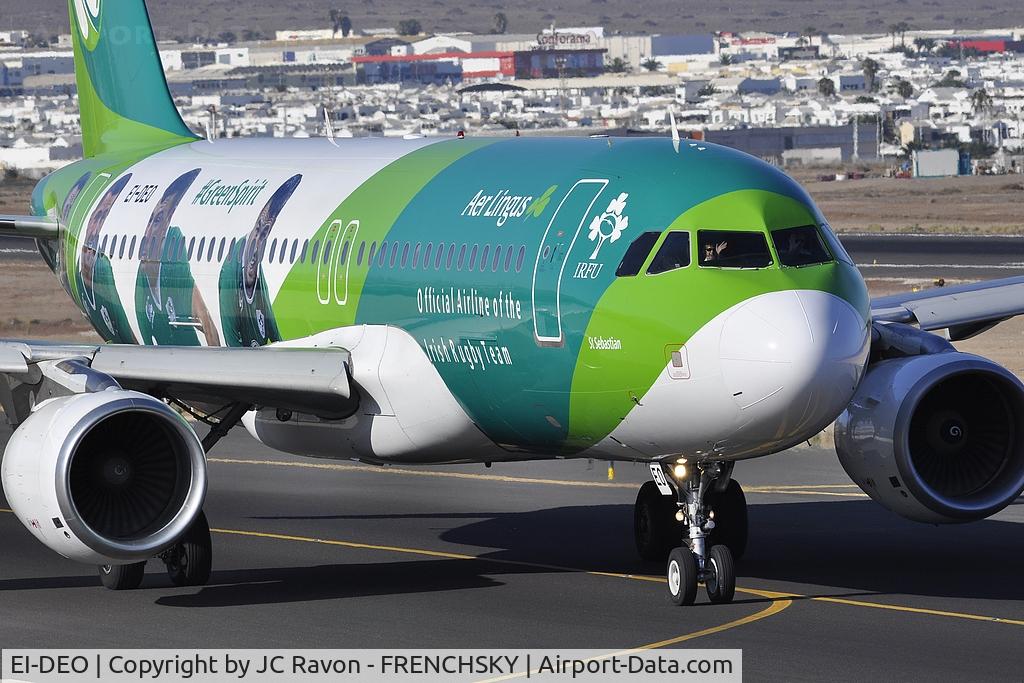 EI-DEO, 2005 Airbus A320-214 C/N 2486, happy crew, Aer Lingus (Irish Rugby Team Livery) departure to Dublin