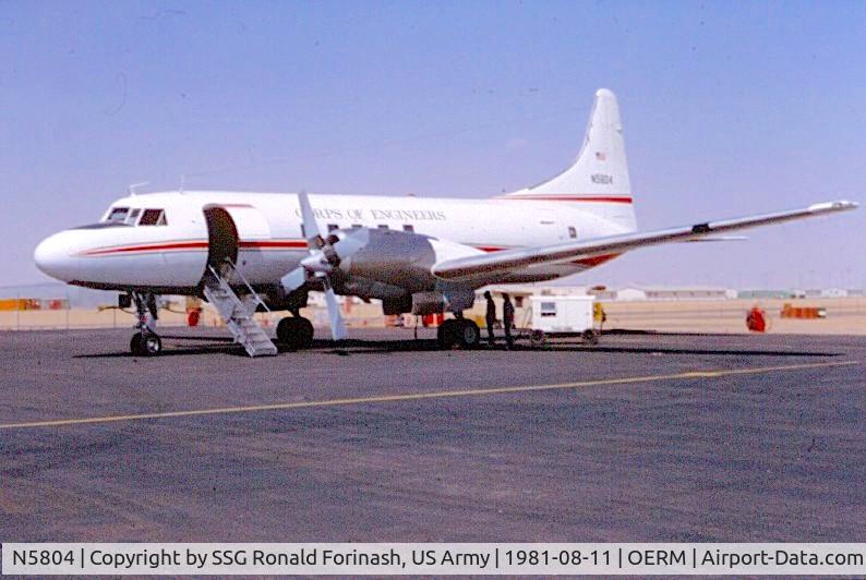 N5804, 1954 Convair 580 C/N 155, When this photo was taken in 1981, this aircraft was part of the US Army Corps of Engineers Flight Detachment that was supporting the COE as a prime contractor to the Saudi Ministry of Defense and Aviation.

Ras al-Mishab, Saudi Arabia