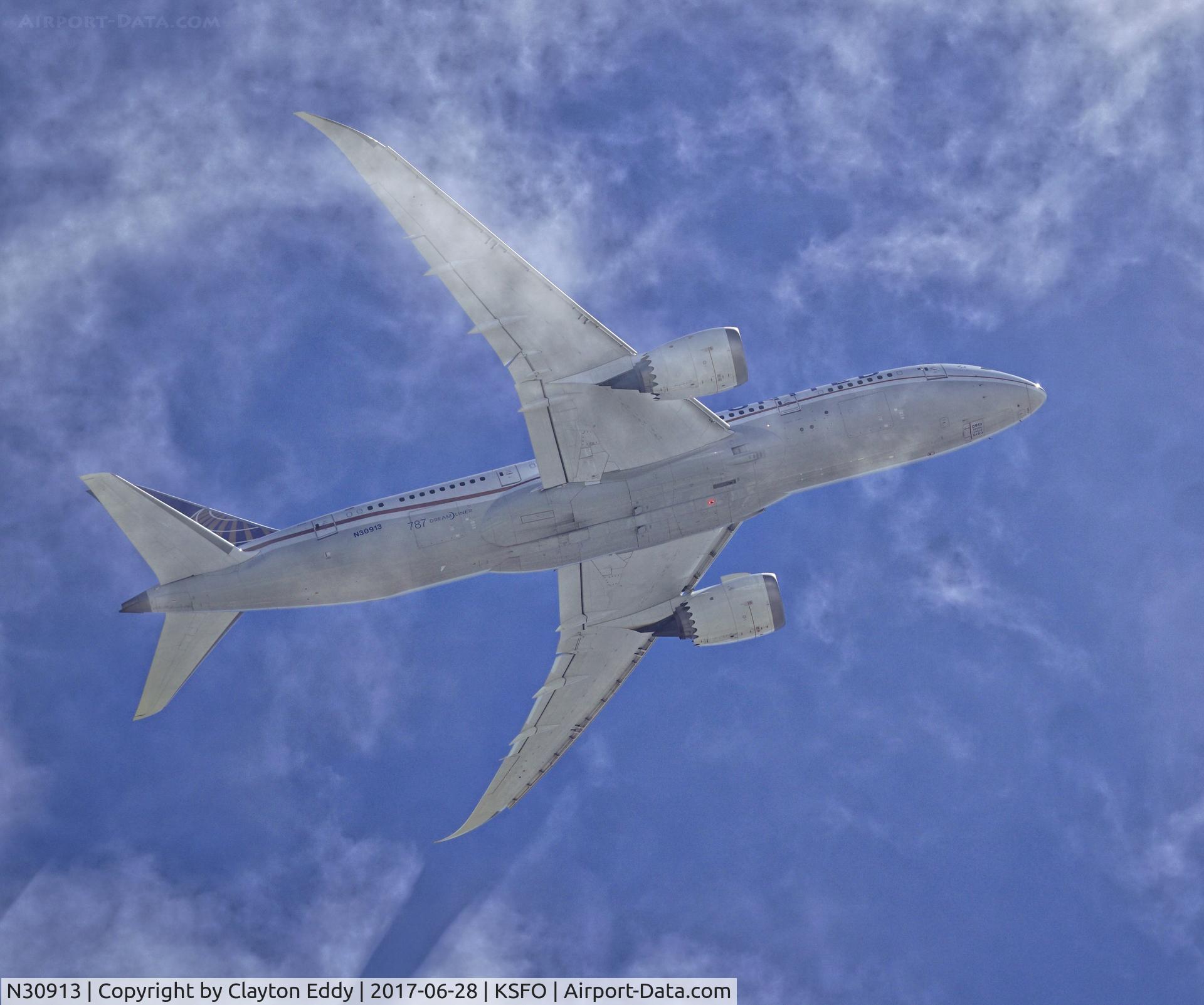 N30913, 2014 Boeing 787-8 Dreamliner C/N 35879, Departing into the fog bank. SF. 2017.