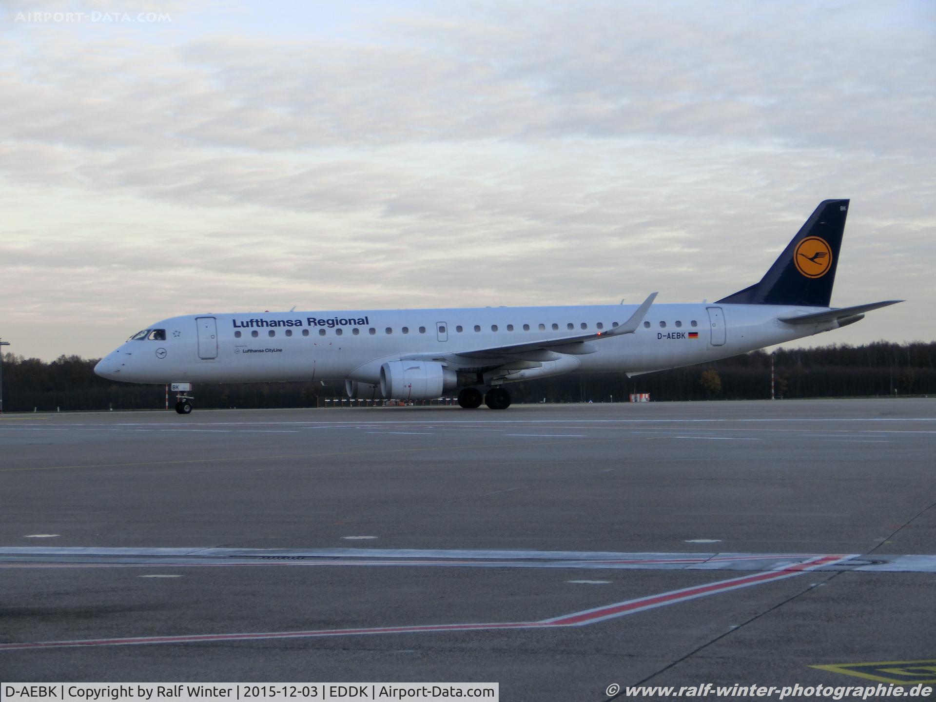 D-AEBK, 2011 Embraer 195LR (ERJ-190-200LR) C/N 19000500, Embraer ERJ-195LR 190-200LR - CL CLH Lufthansa Cityline - 19000500 - D-AEBK - 03.12.2015 - CGN