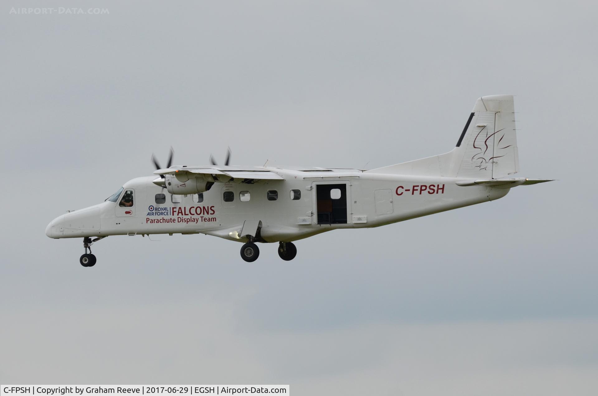 C-FPSH, 1986 Dornier 228-202 C/N 8071, Landing at Norwich after a parachute drop at the Royal Norfolk Show.