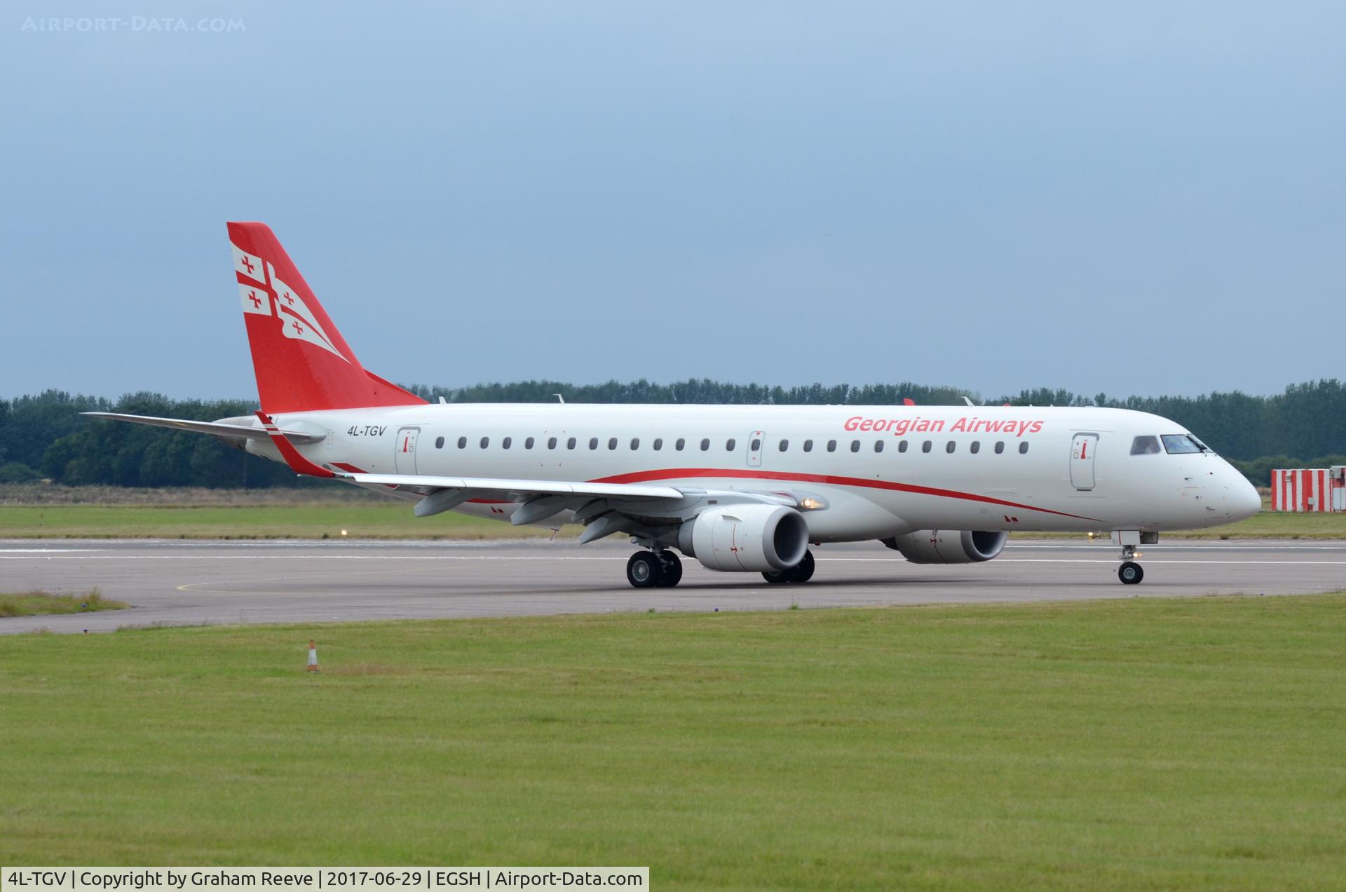 4L-TGV, 2007 Embraer 190AR (ERJ-190-100IGW) C/N 19000083, About to depart from Norwich.
