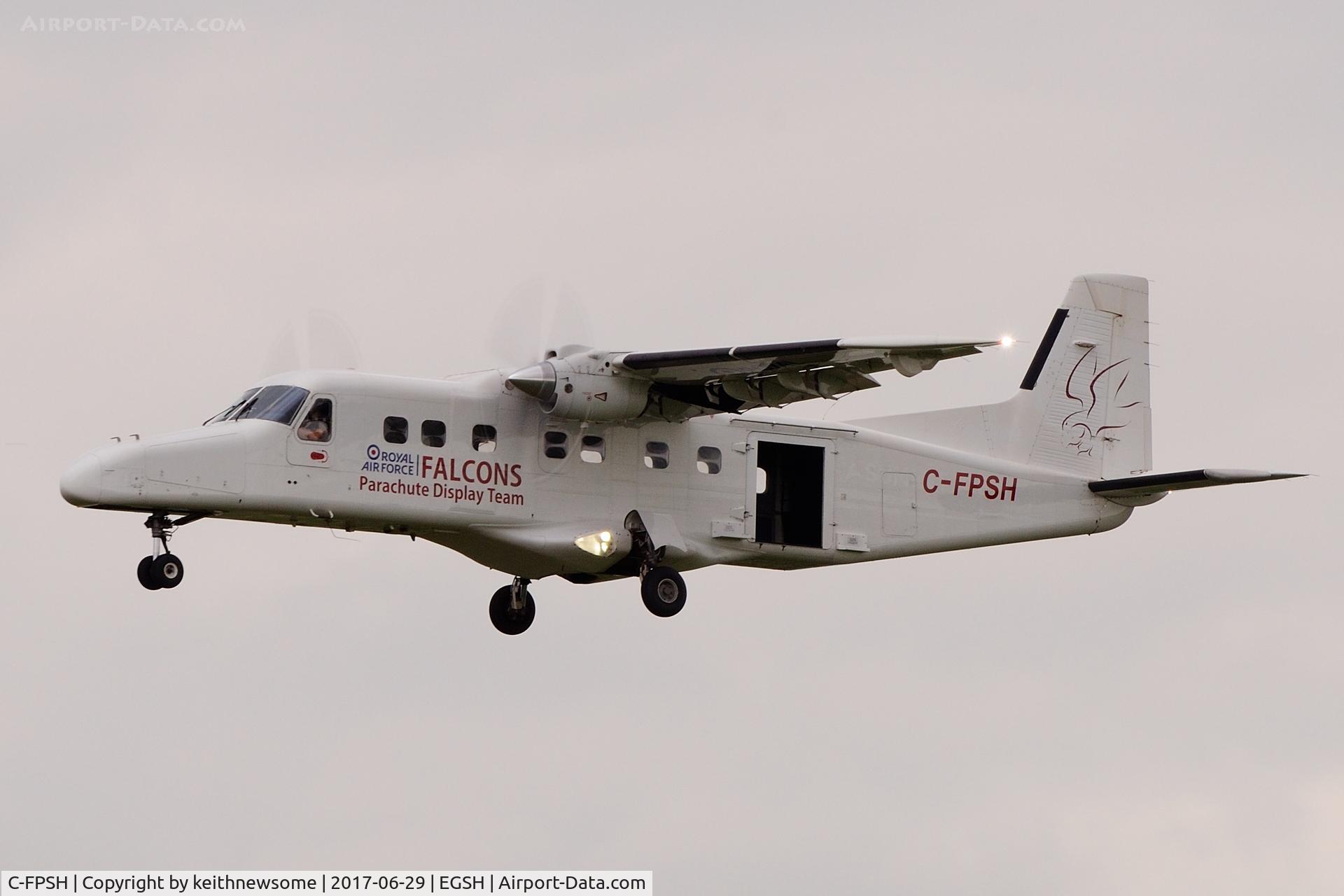 C-FPSH, 1986 Dornier 228-202 C/N 8071, Returning to Norwich following parachute drop at Royal Norfolk Show.