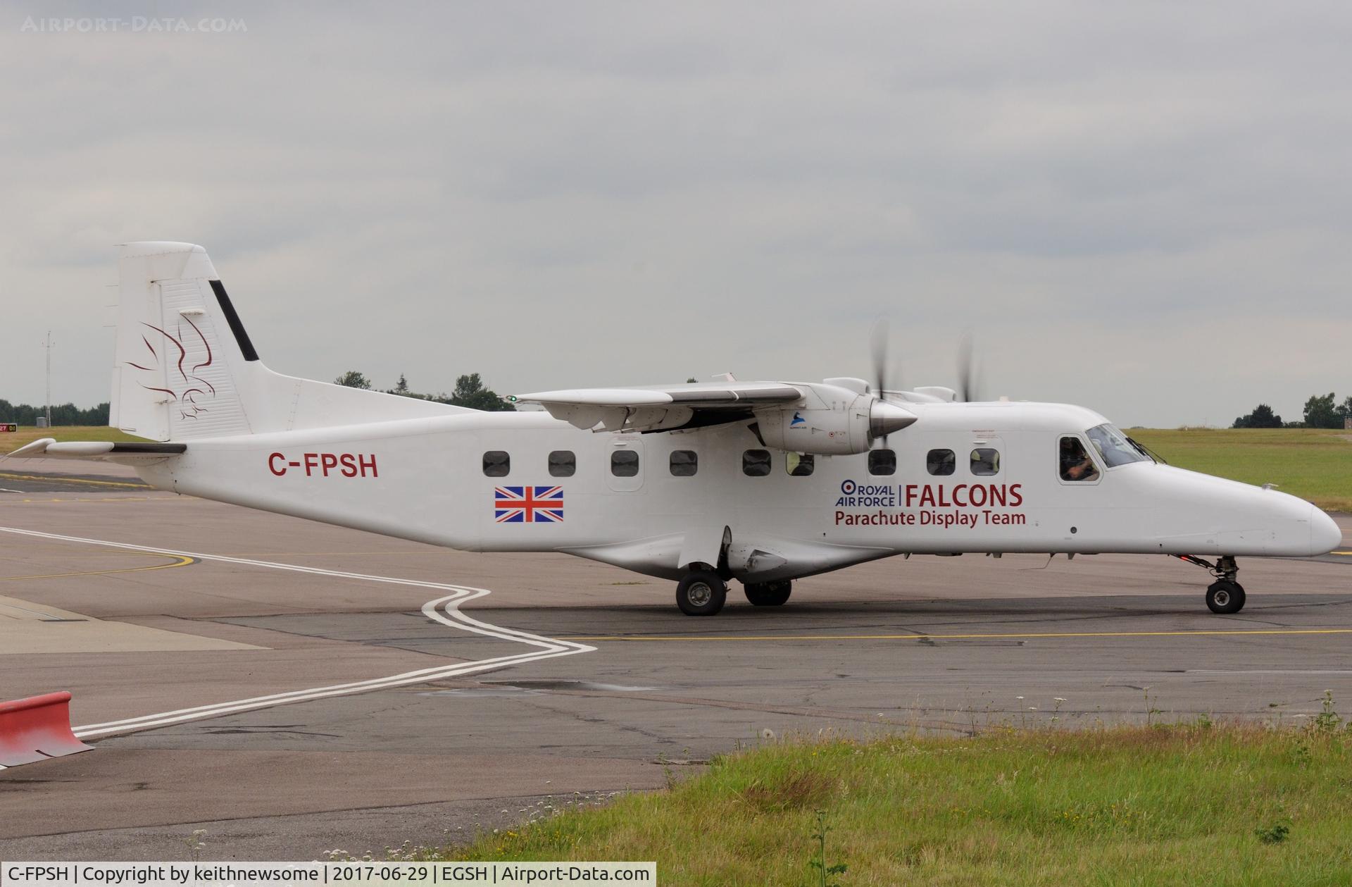 C-FPSH, 1986 Dornier 228-202 C/N 8071, Leaving Norwich with parachute team for Royal Norfolk Show.