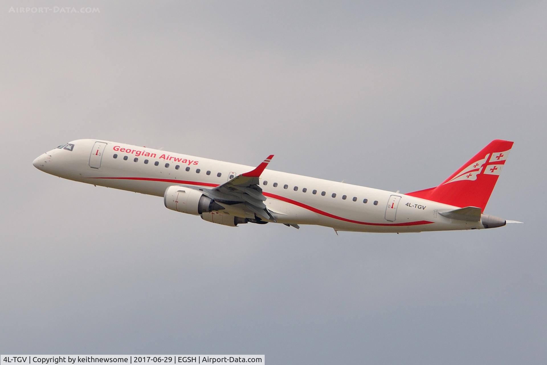 4L-TGV, 2007 Embraer 190AR (ERJ-190-100IGW) C/N 19000083, Leaving Norwich for Tbilisi.