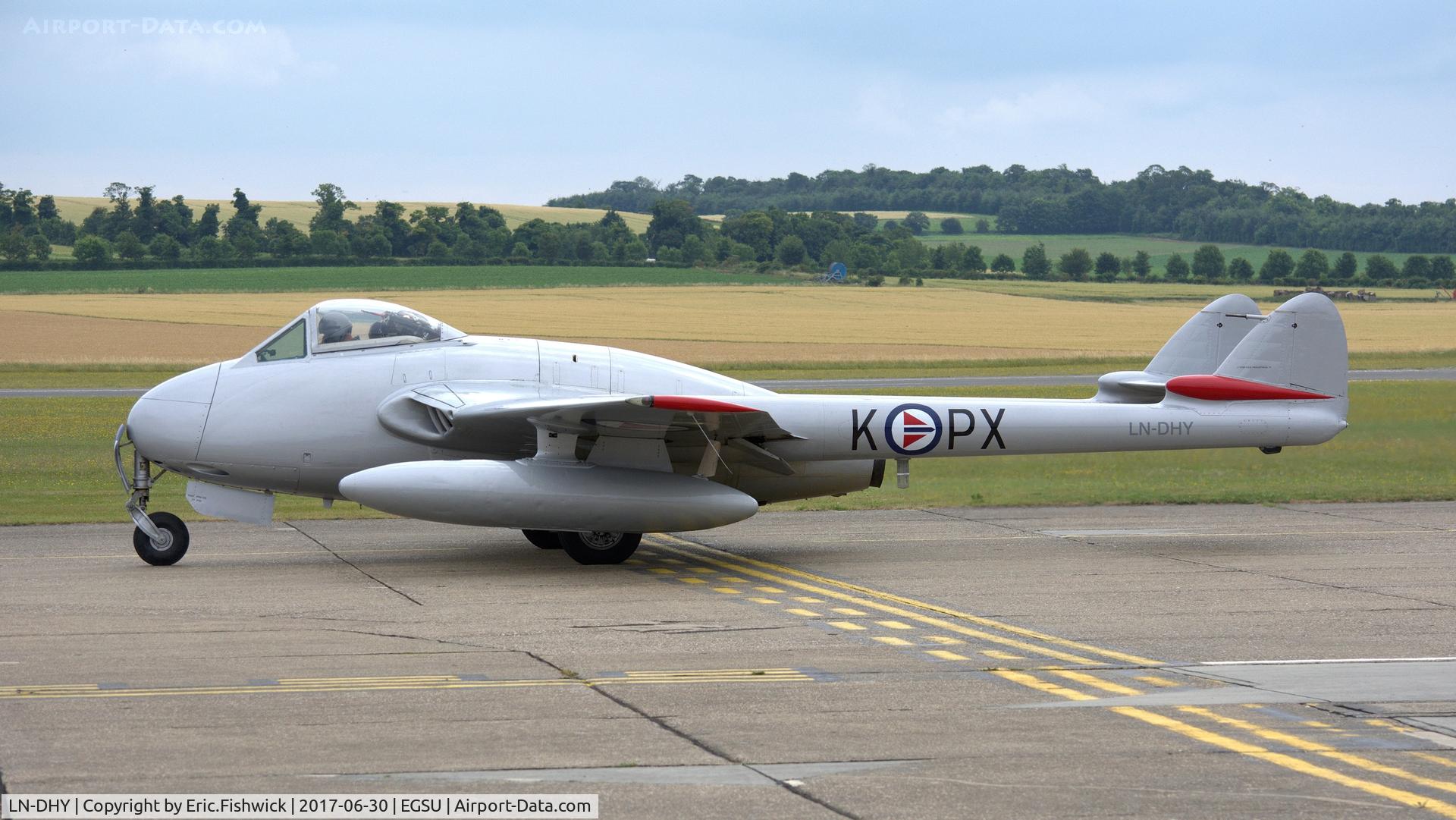 LN-DHY, 1952 De Havilland (FFA) DH-100 Vampire FB6 C/N 705, 1. LN-DHY preparing to depart The Imperial War Museum, Duxford, June 2017.