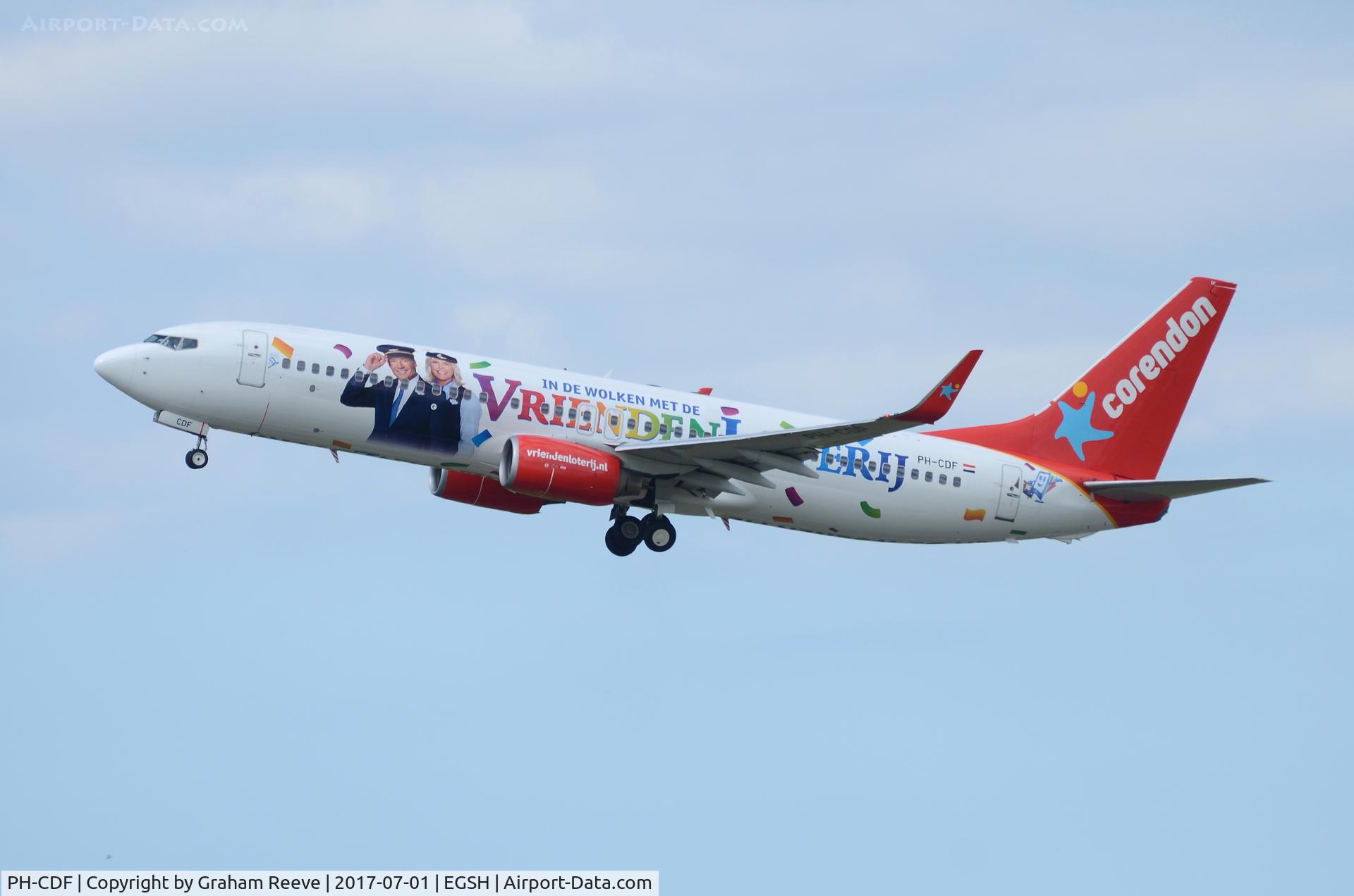 PH-CDF, 1999 Boeing 737-804 C/N 28227, Departing from Norwich.