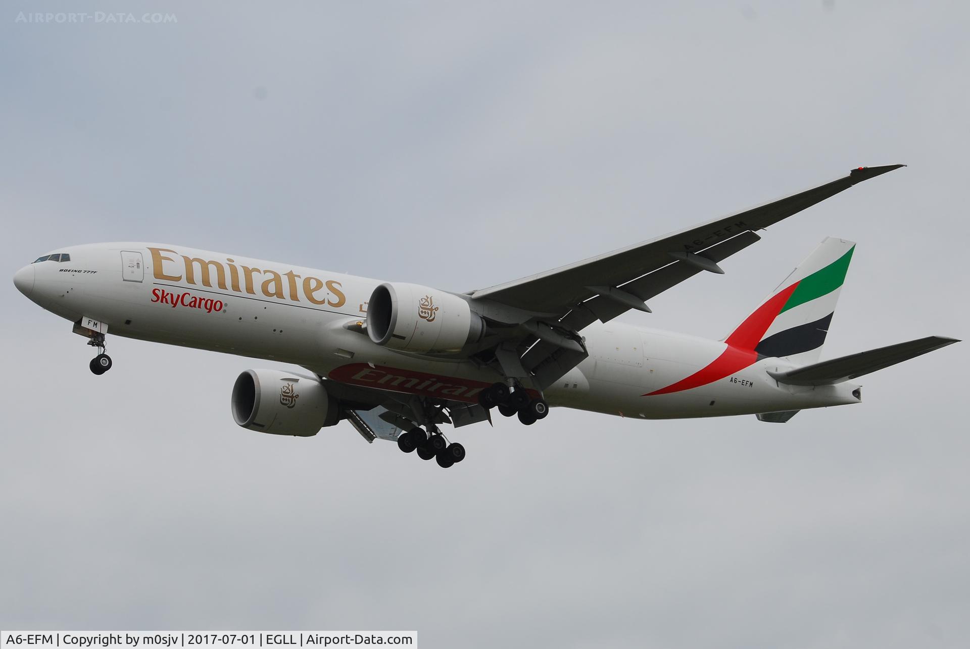 A6-EFM, 2013 Boeing 777-F1H C/N 42231, Landing at EGLL 27R