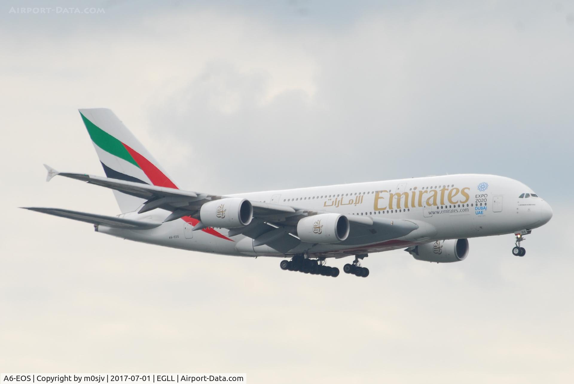 A6-EOS, 2015 Airbus A380-861 C/N 203, Landing at EGLL 27R
