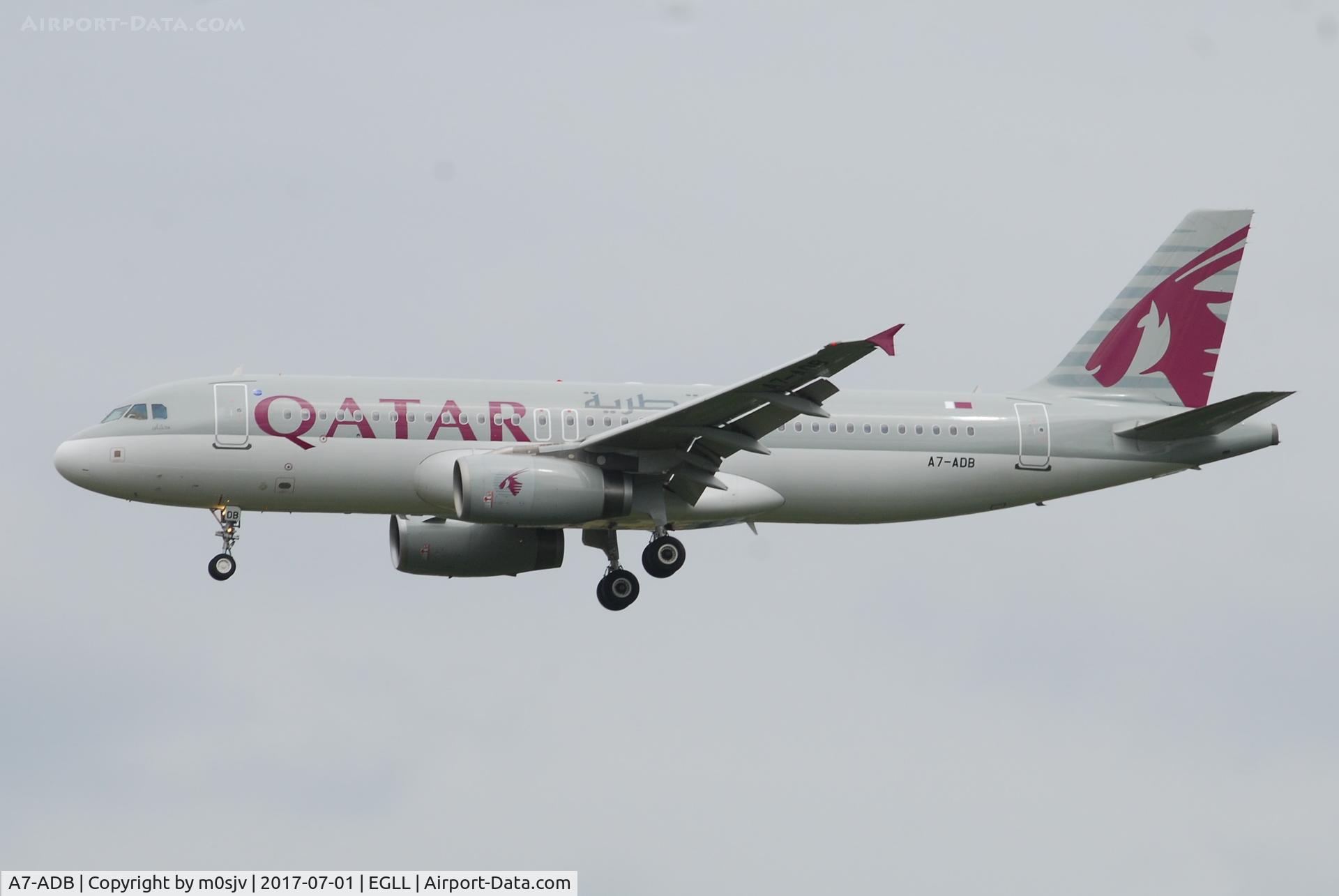 A7-ADB, 2001 Airbus A320-232 C/N 1648, Landing at EGLL 27R