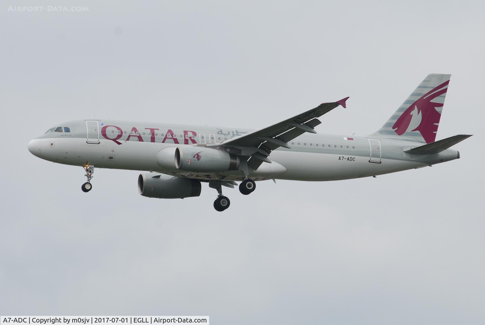 A7-ADC, 2002 Airbus A320-232 C/N 1773, Landing at EGLL 27R