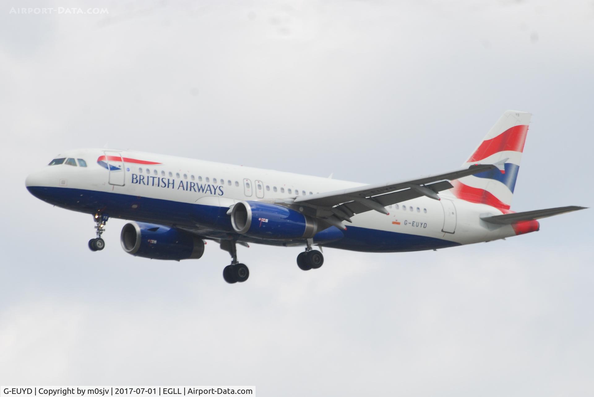 G-EUYD, 2008 Airbus A320-232 C/N 3726, Landing at EGLL 27R