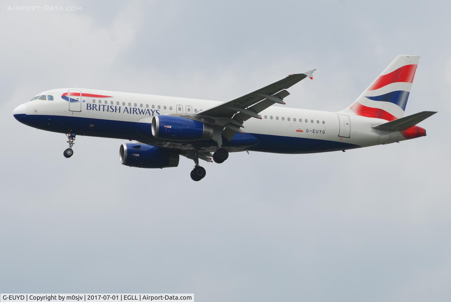 G-EUYD, 2008 Airbus A320-232 C/N 3726, Landing at EGLL 27R
