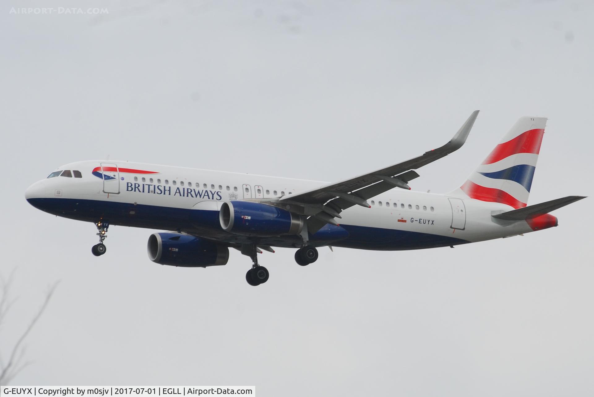 G-EUYX, 2014 Airbus A320-232 C/N 6155, Landing at EGLL 27R