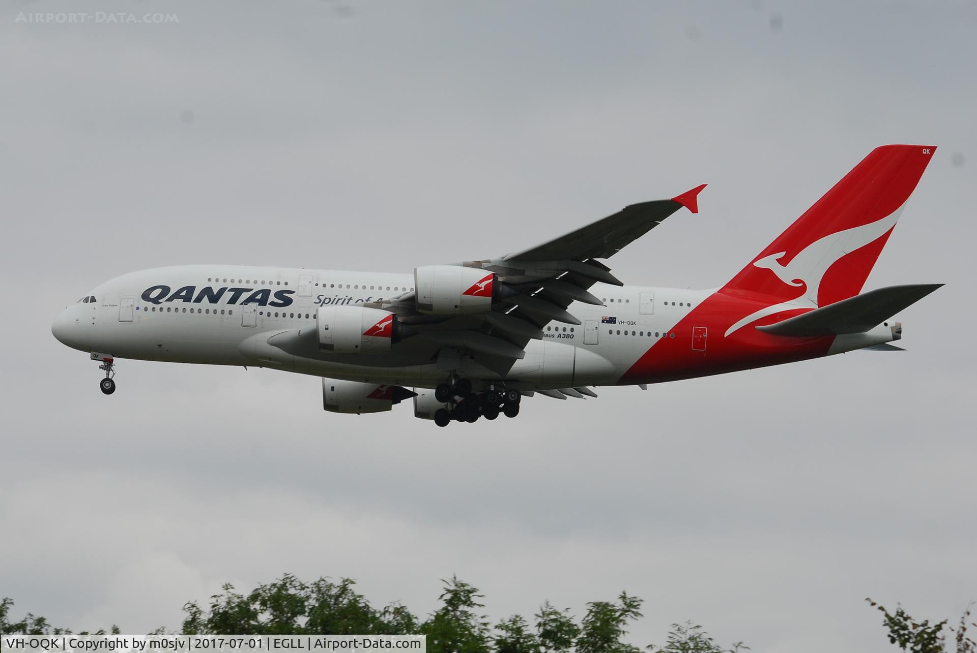 VH-OQK, 2011 Airbus A380-842 C/N 063, Landing at EGLL 27R