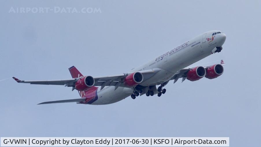 G-VWIN, 2006 Airbus A340-642 C/N 736, Departing runway 28L at SFO. 2017.