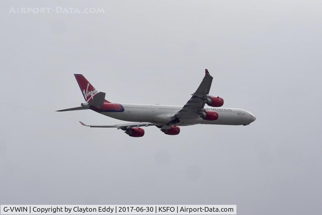 G-VWIN, 2006 Airbus A340-642 C/N 736, Departing runway 28L at SFO. 2017.