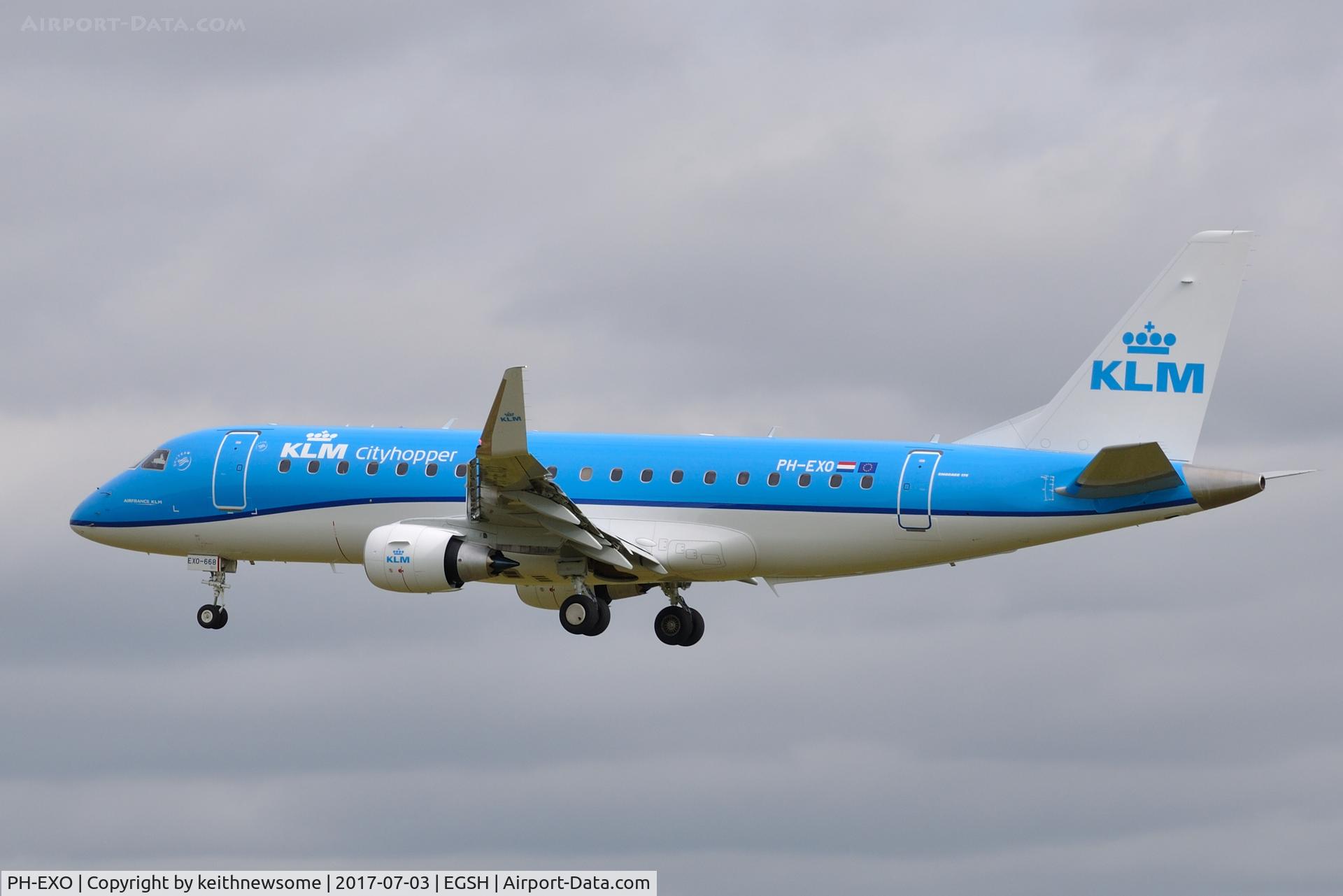PH-EXO, 2017 Embraer 175STD (ERJ-170-200STD) C/N 17000668, Arriving at Norwich, first visit.