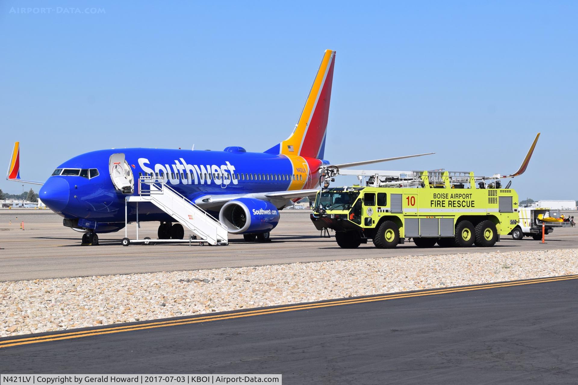N421LV, 2001 Boeing 737-7H4 C/N 32452, Parked on remote spot and used by Airport ARFF units for training.