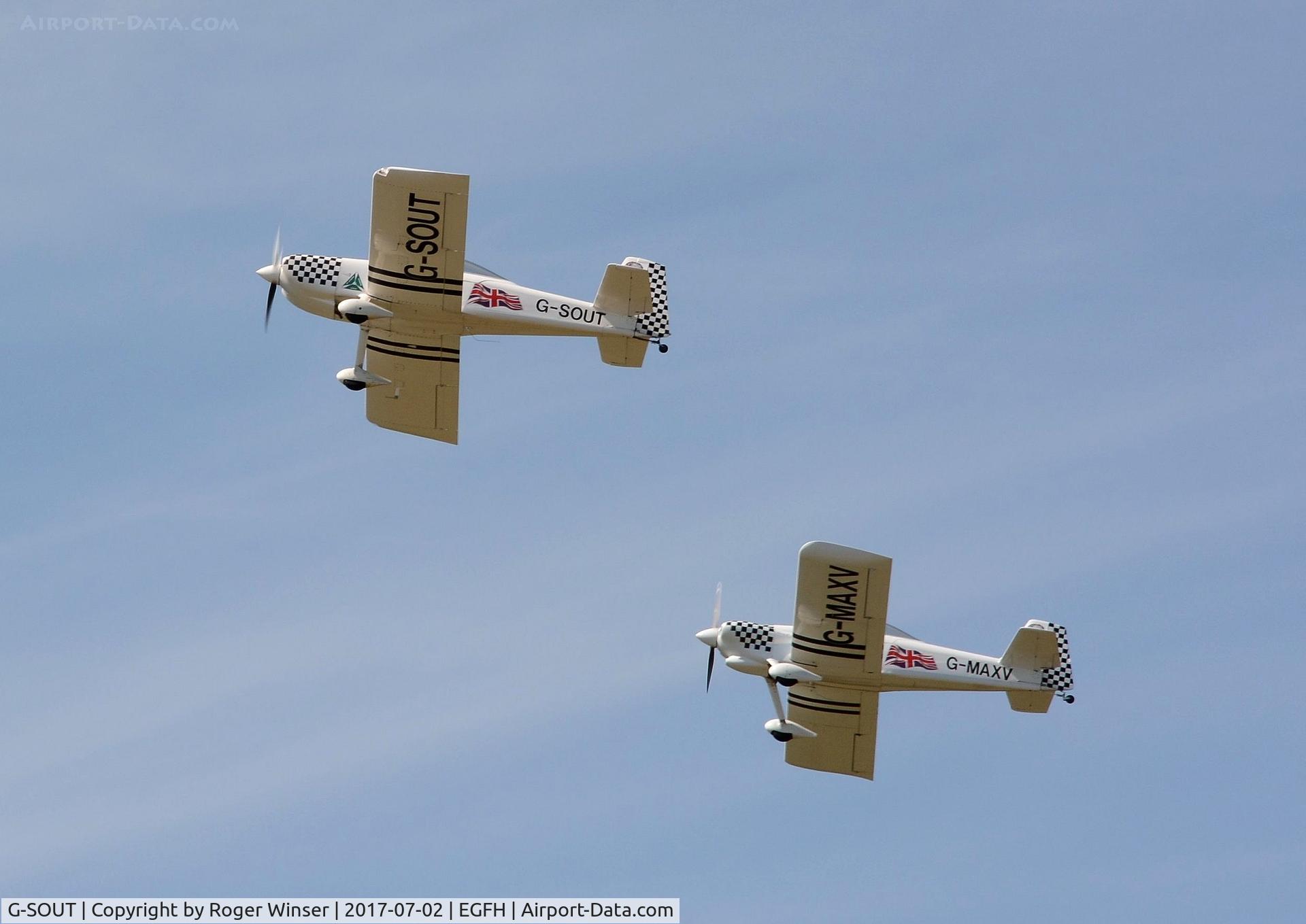 G-SOUT, 2006 Vans RV-8 C/N PFA 303-13295, Raven 6 of Team Raven leading Vans RV-4 aircraft G-MAXV (Raven 1) in a formation departure from Runway 22.