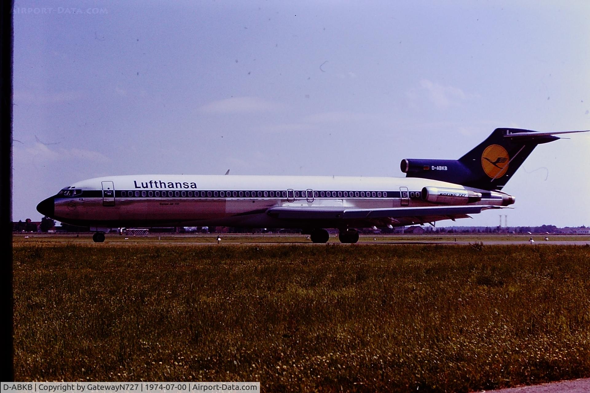 D-ABKB, 1974 Boeing 727-230 C/N 20900, In service only about a month at this point. Unknown airport. 