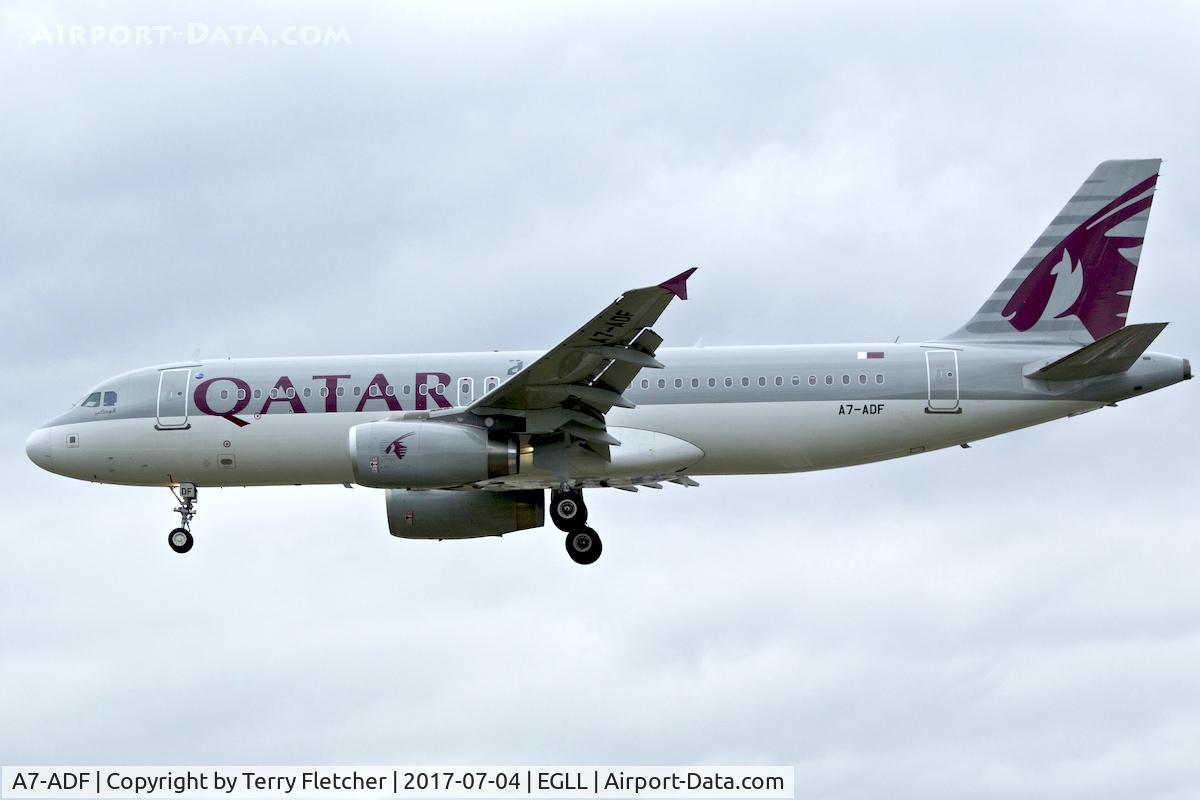 A7-ADF, 2003 Airbus A320-232 C/N 2097, On approach to London Heathrow