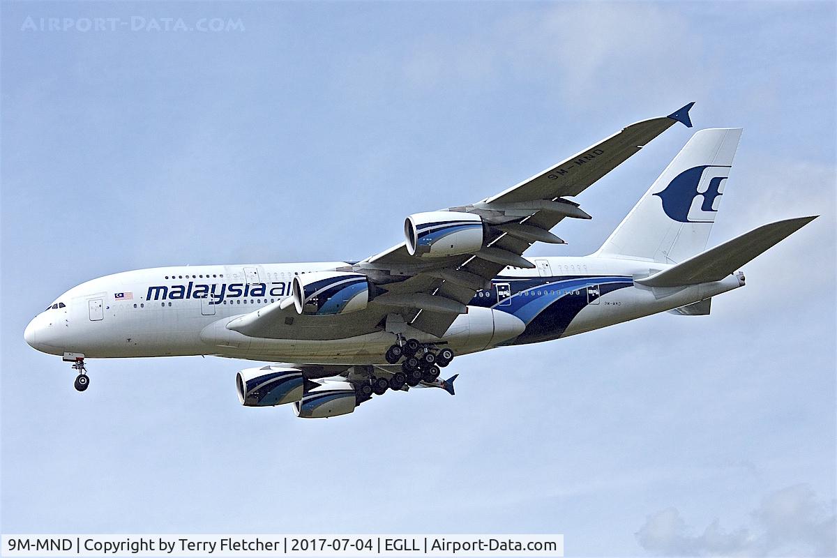 9M-MND, 2012 Airbus A380-841 C/N 089, On approach to London Heathrow