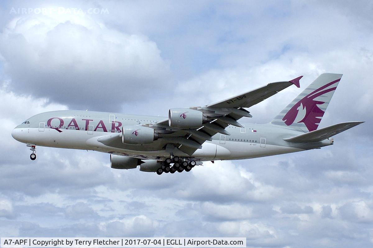 A7-APF, 2015 Airbus A380-861 C/N 0189, On approach to London Heathrow