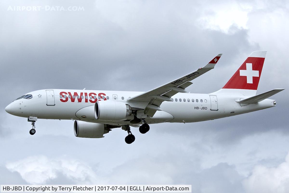 HB-JBD, 2016 Bombardier CSeries CS100 (BD-500-1A10) C/N 50013, On approach to London Heathrow