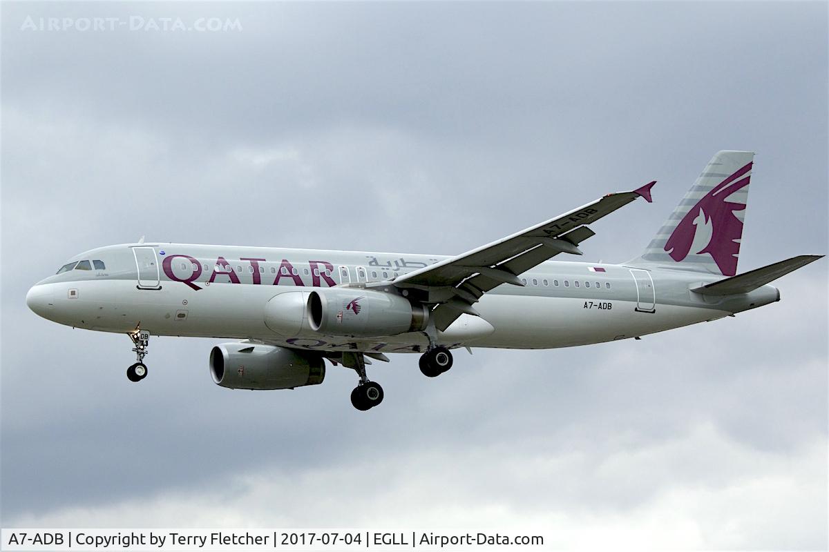 A7-ADB, 2001 Airbus A320-232 C/N 1648, On approach to London Heathrow