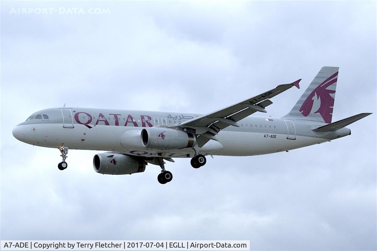 A7-ADE, 2003 Airbus A320-232 C/N 1957, On approach to London Heathrow