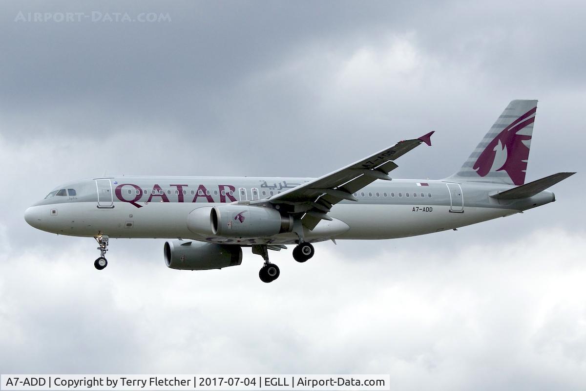 A7-ADD, 2002 Airbus A320-232 C/N 1895, On approach to London Heathrow