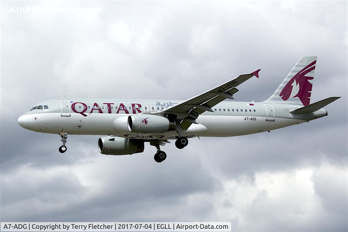 A7-ADG, 2003 Airbus A320-232 C/N 2121, On approach to London Heathrow