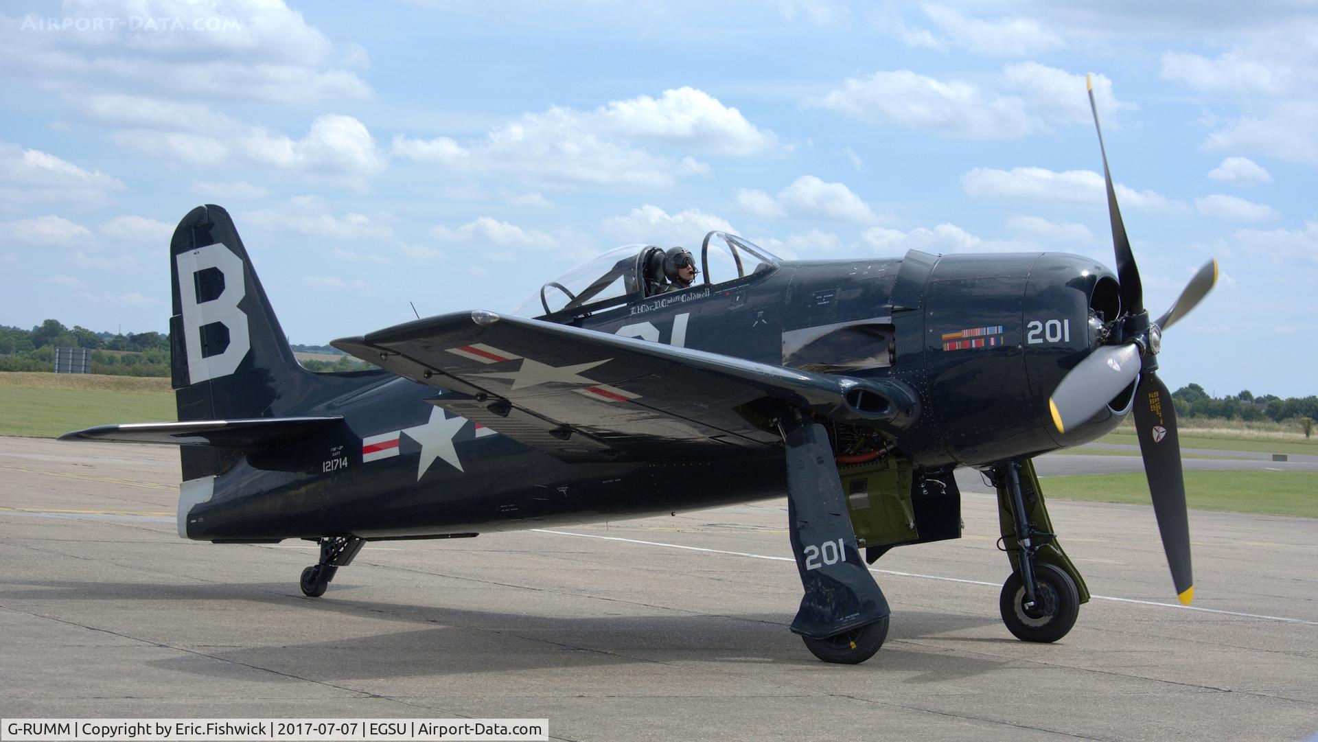G-RUMM, 1948 Grumman F8F-2 (G58) Bearcat C/N D.1088, 3. 121714 warming up on the eve of The Flying Legends Airshow, July 2017.