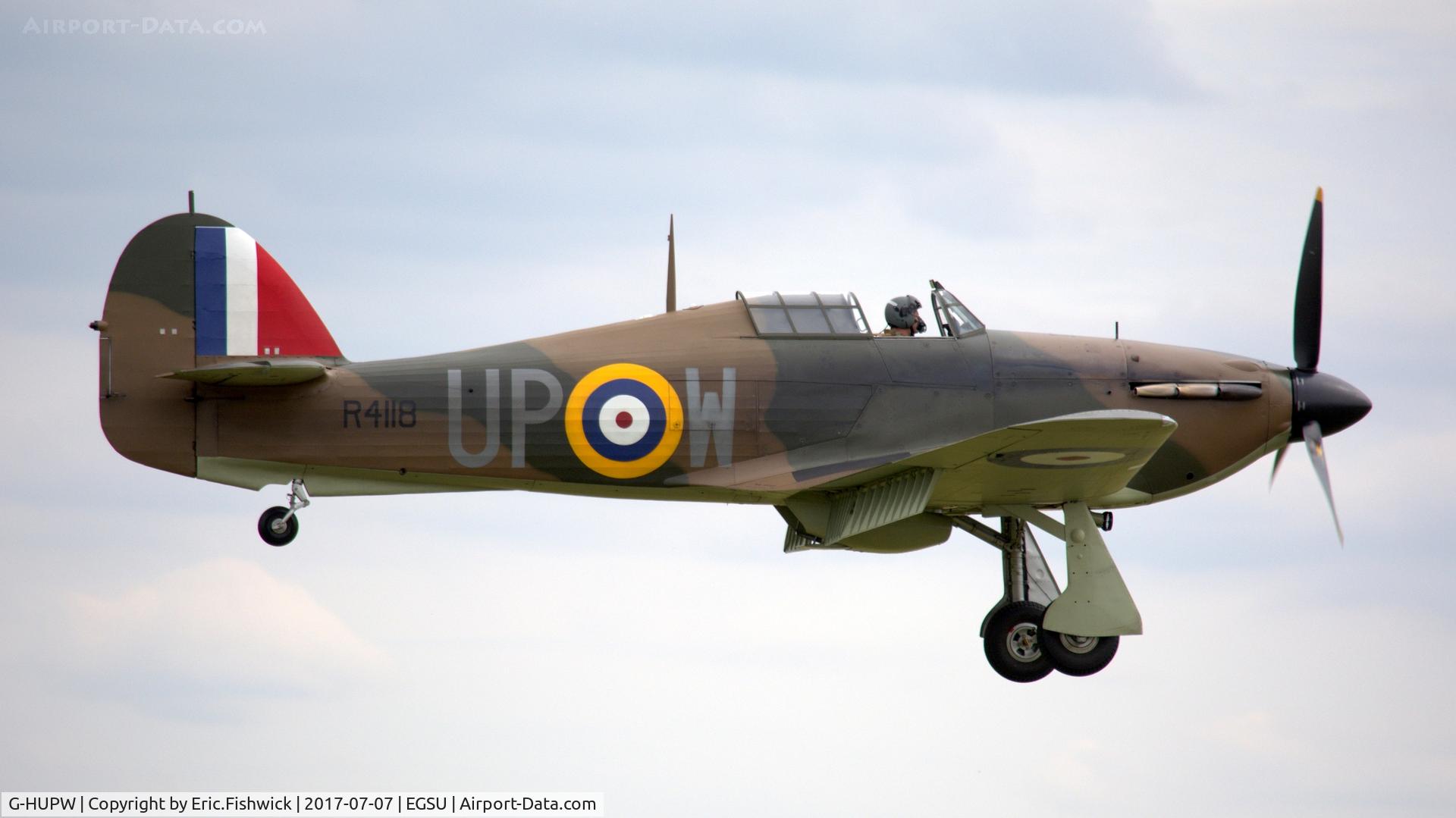 G-HUPW, 1940 Hawker Hurricane I C/N G592301, 42. R4118 on the eve of The Flying Legends Airshow, July 2017.