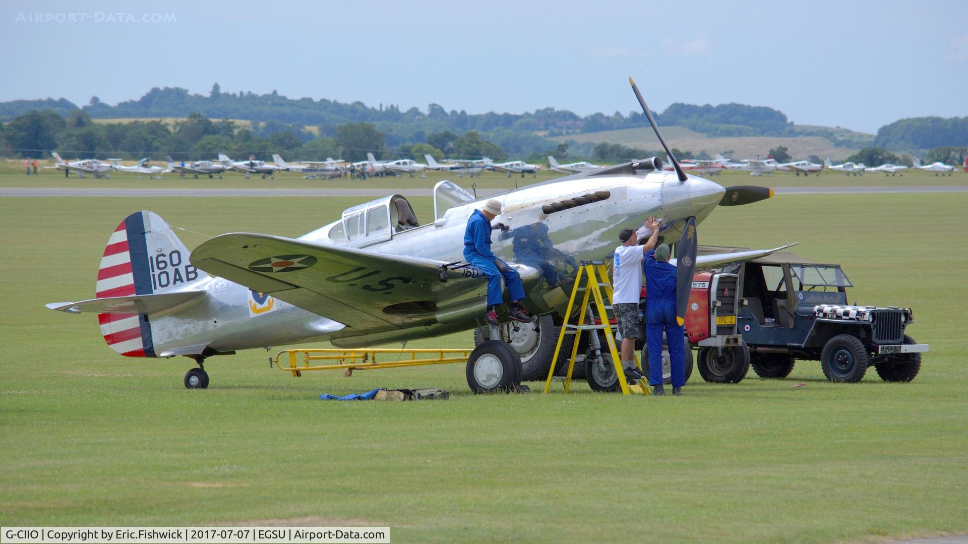 G-CIIO, 1941 Curtiss P-40C Warhawk C/N 16161, 4. 16010AB - polished to a mirror finish - on the eve of The Flying Legends Airshow, July 2017.