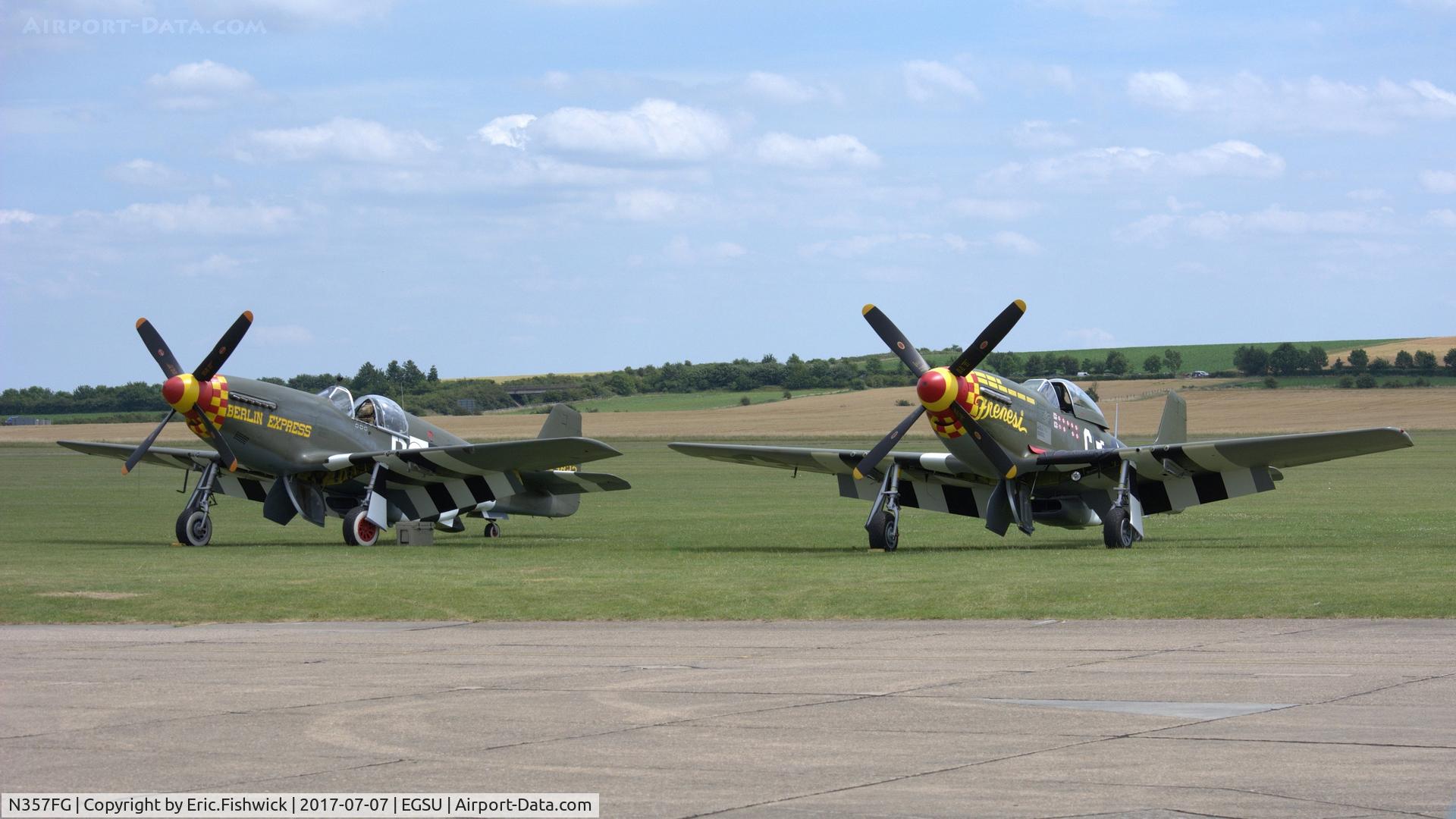 N357FG, 1944 North American P-51D C/N 44-12139, 5. 'Frenesi' with 'Berlin Express' on the eve of The Flying Legends Airshow, July 2017.