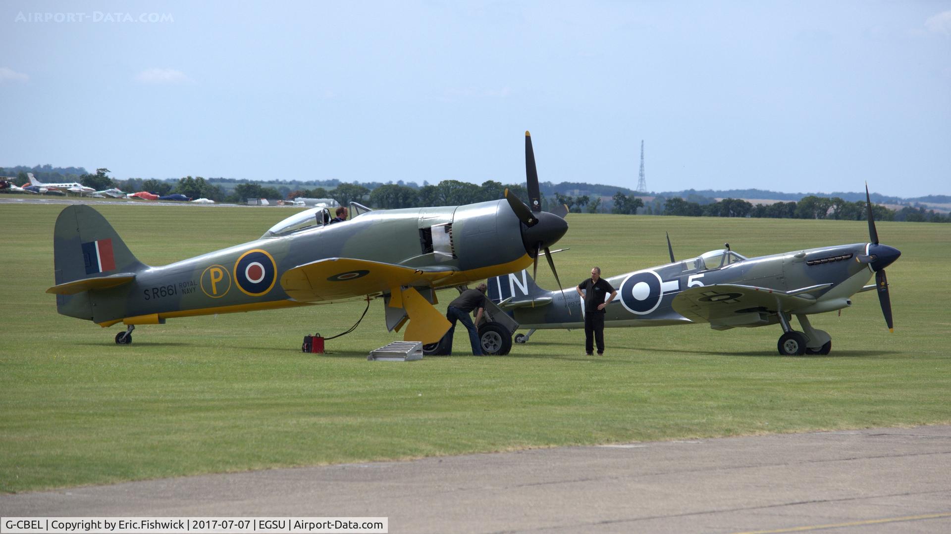 G-CBEL, 1953 Hawker Fury FB11 C/N 37539, 5. G-CBEL with Seafire LF Mk.III, PP972 on the eve of The Flying Legends Airshow, July 2017.