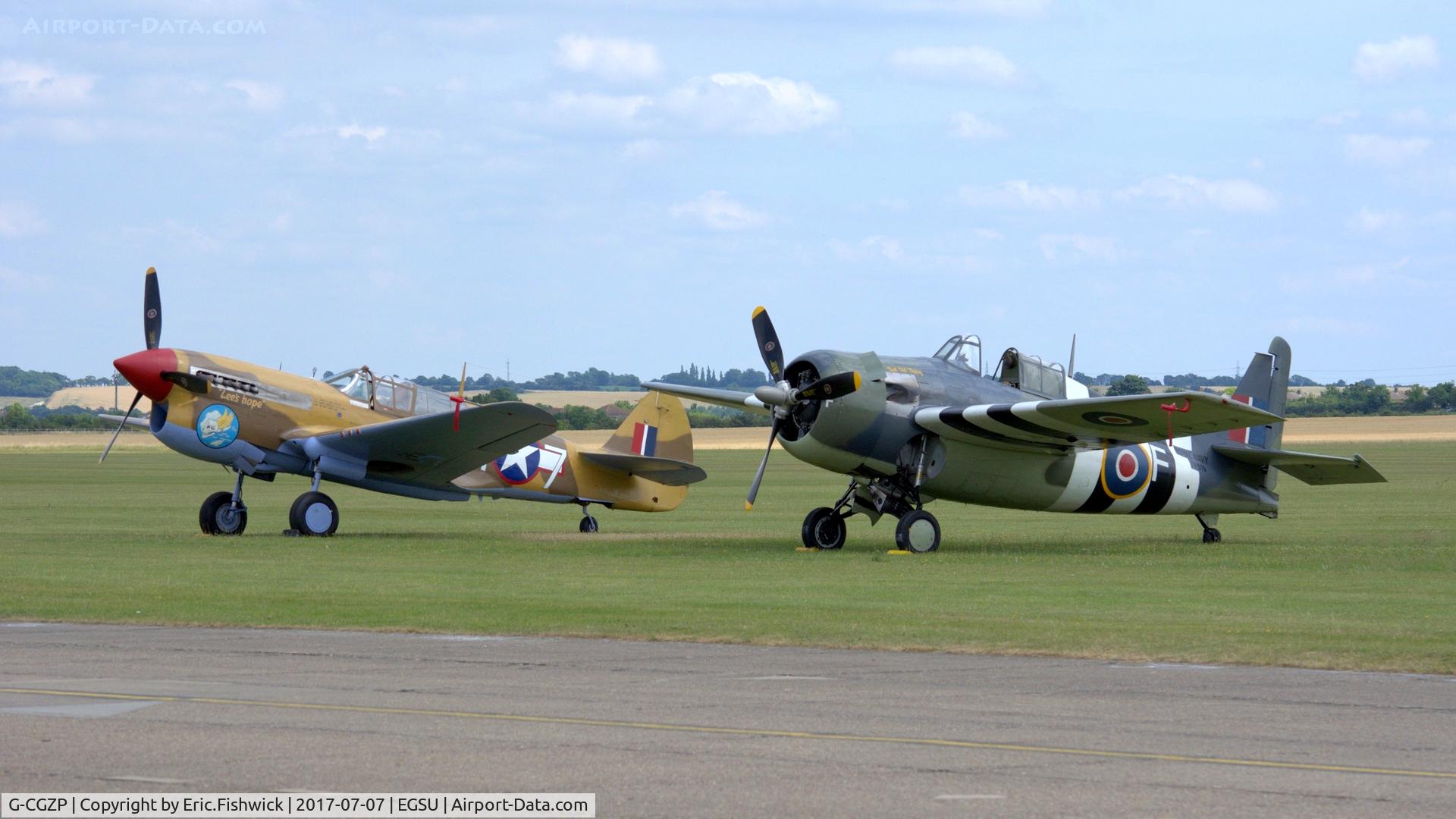 G-CGZP, 1942 Curtiss P-40F Warhawk C/N 19503, 5. 'Lee's Hope' with the Wildcat on the eve of The Flying Legends Airshow, July 2017.
