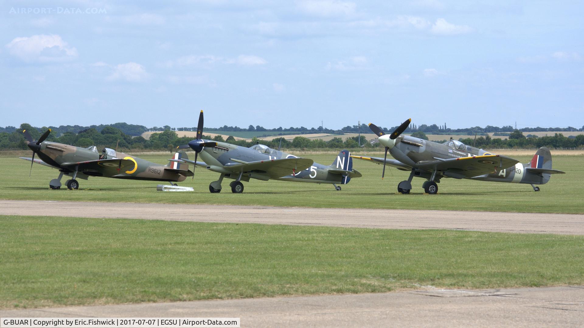G-BUAR, 1944 Supermarine 358 Seafire LF.III C/N AIR/2605/C23(C), 5. Trio of Spitfires on the eve of The Flying Legends Airshow, July 2017.