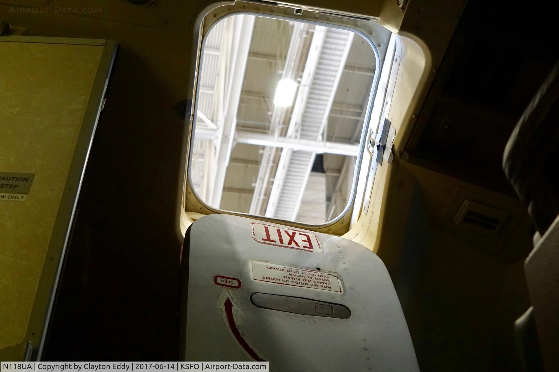 N118UA, 1999 Boeing 747-422 C/N 28811, Pilots escape hatch. SFO. 2017.