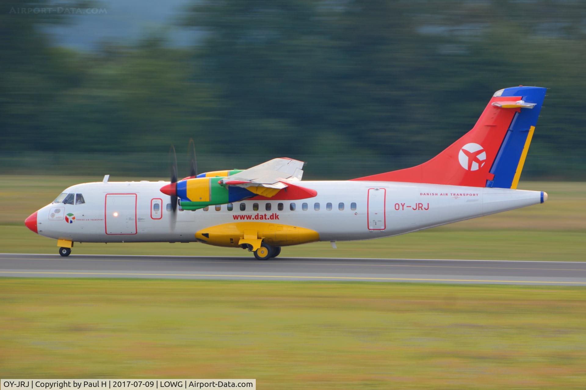 OY-JRJ, 1987 ATR 42-320 C/N 036, Colorful ATR-42 taking of at LOWG, blurry background